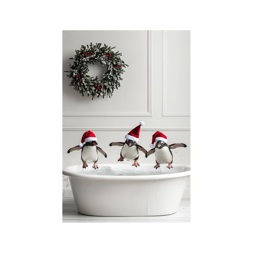 Funny Penguins in Santa Unframed Canvas Wall Art  24" X 36"